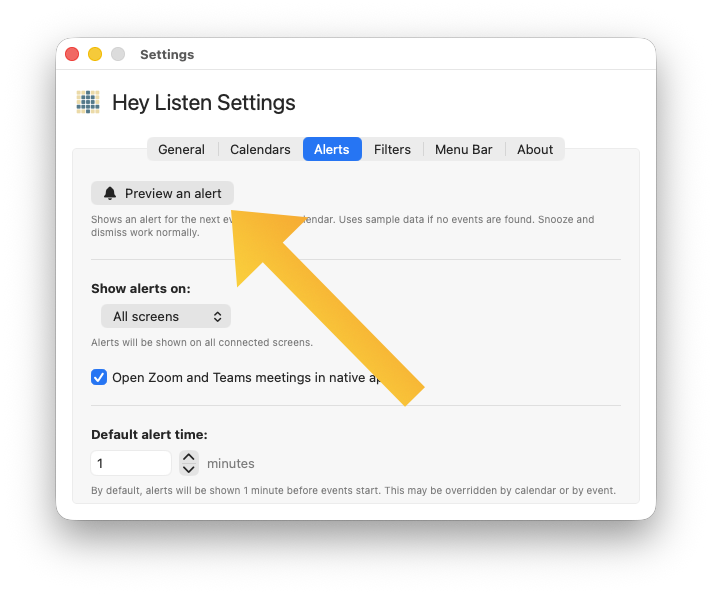 "Preview an alert" button in the Alerts tab