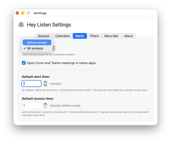 Alerts tab with the "Show alerts on" picker visible
