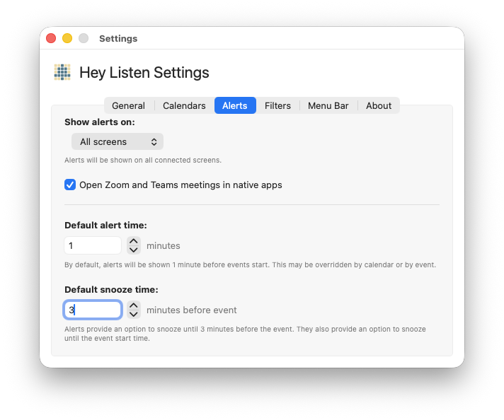 Alerts tab showing the "Default snooze time" field with stepper