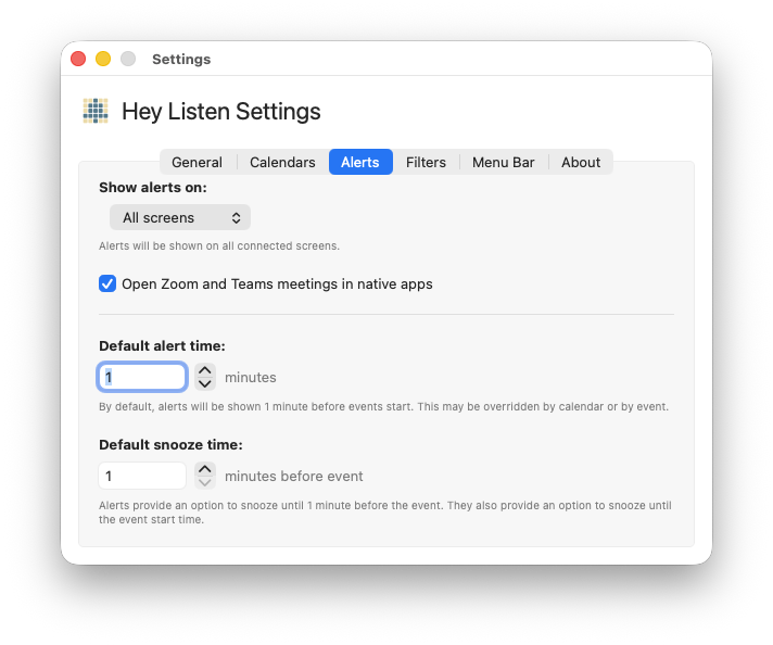 Alerts tab with the alert time field highlighted