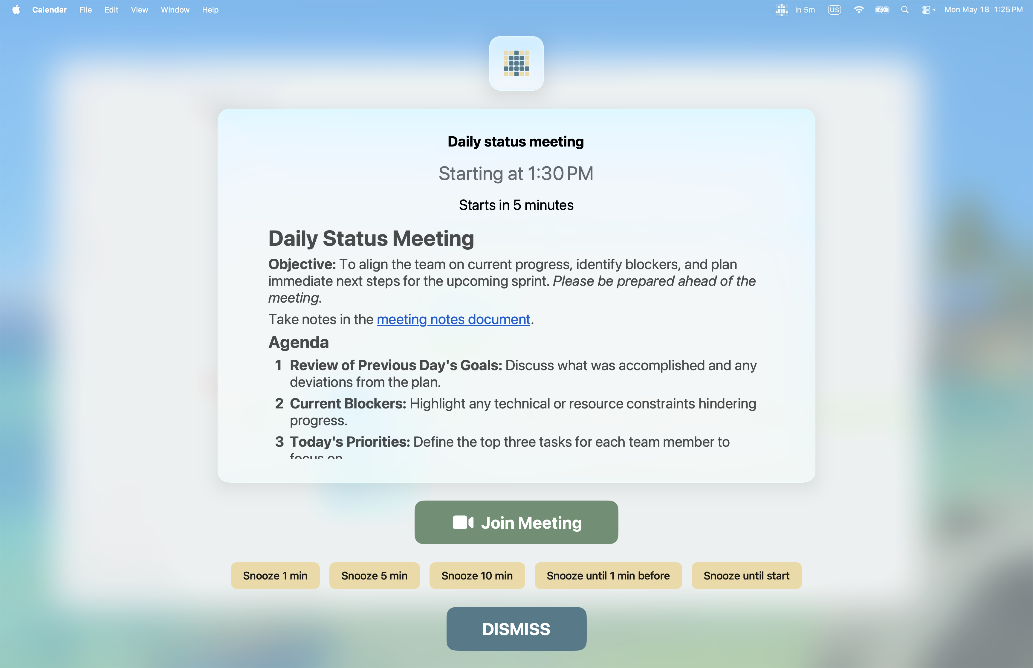 Full-screen alert with event title, countdown, Join Meeting button, snooze buttons, and Dismiss button
