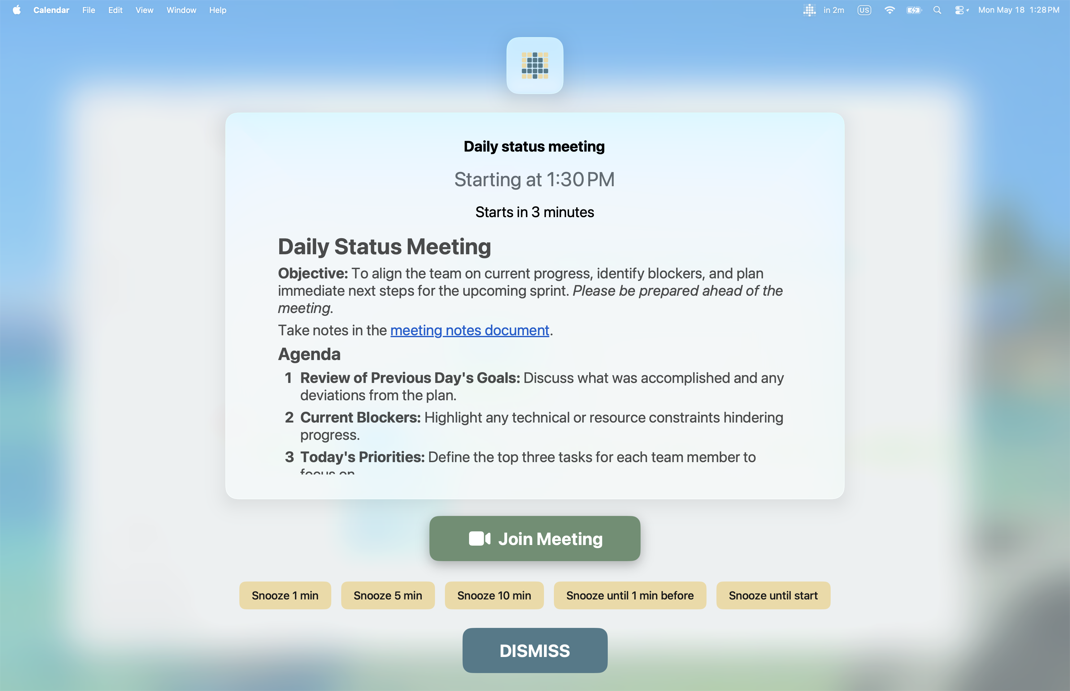 Full-screen alert with Join Meeting button highlighted