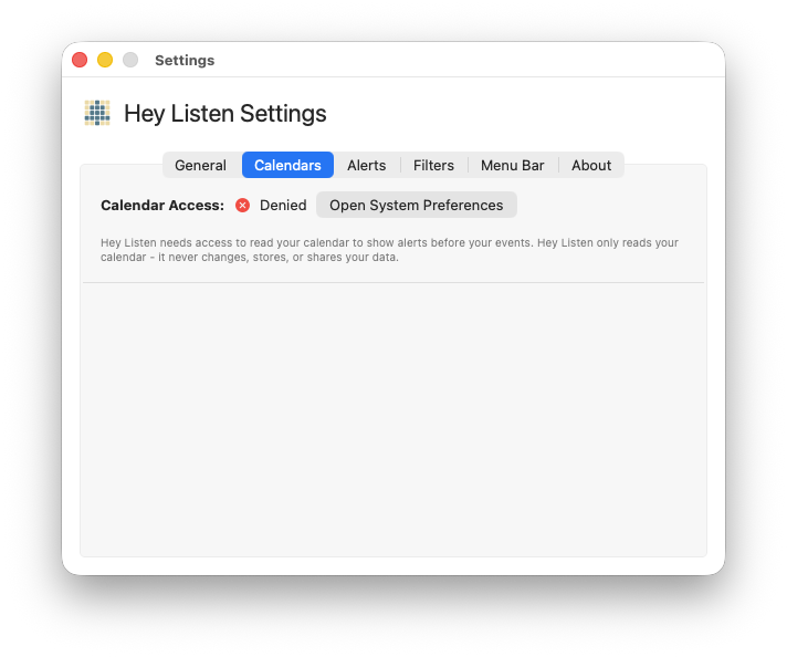 Calendars tab — Access Denied status
