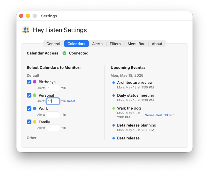 Calendars tab showing per-calendar alert time field with a custom value and Reset button