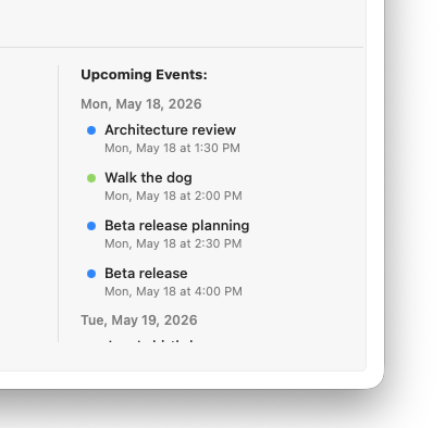 Upcoming events panel on the right side of the Calendars tab