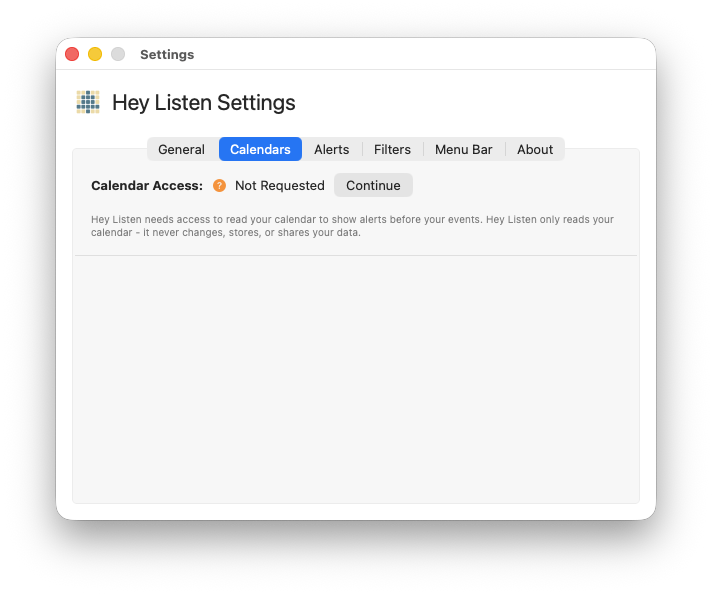 Calendars tab showing the "Not Requested" status and Continue button