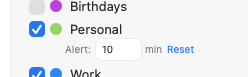 Zoomed view of a selected calendar row showing the Alert field with a custom value and Reset button