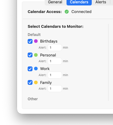 Calendars tab with several calendars toggled on, grouped by account name