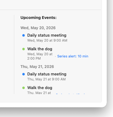 Right panel of the Calendars tab showing upcoming events grouped by date