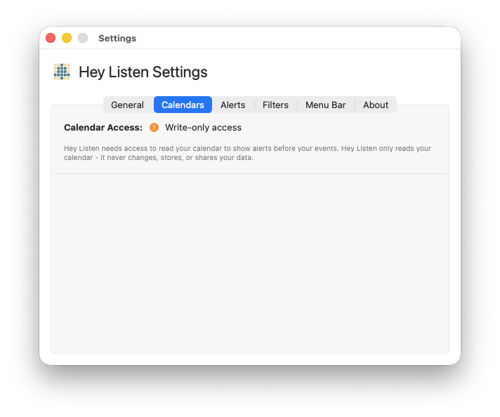 Calendars tab — Write-only access status