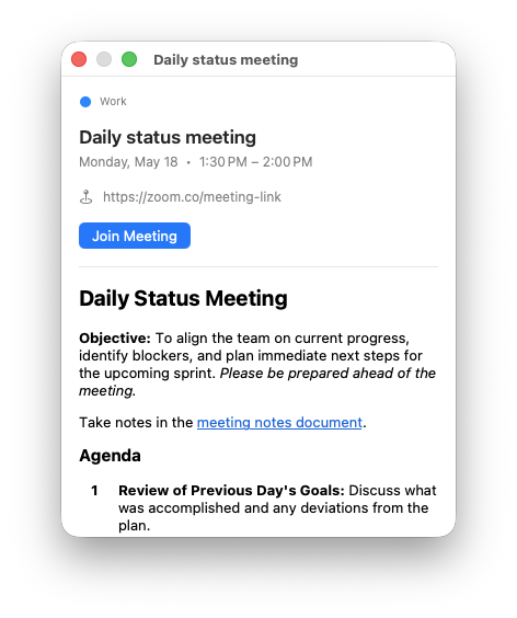 Event detail panel showing title, time, attendees, and formatted notes
