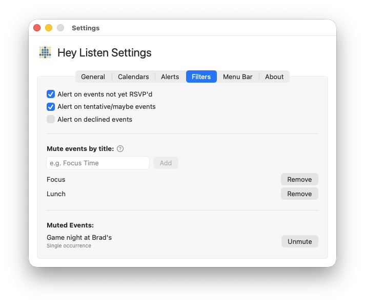 Filters tab showing the "Mute events by title" section with one or two patterns already added