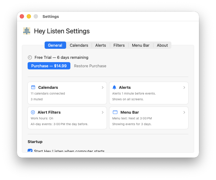 General tab showing trial status with days remaining and purchase button