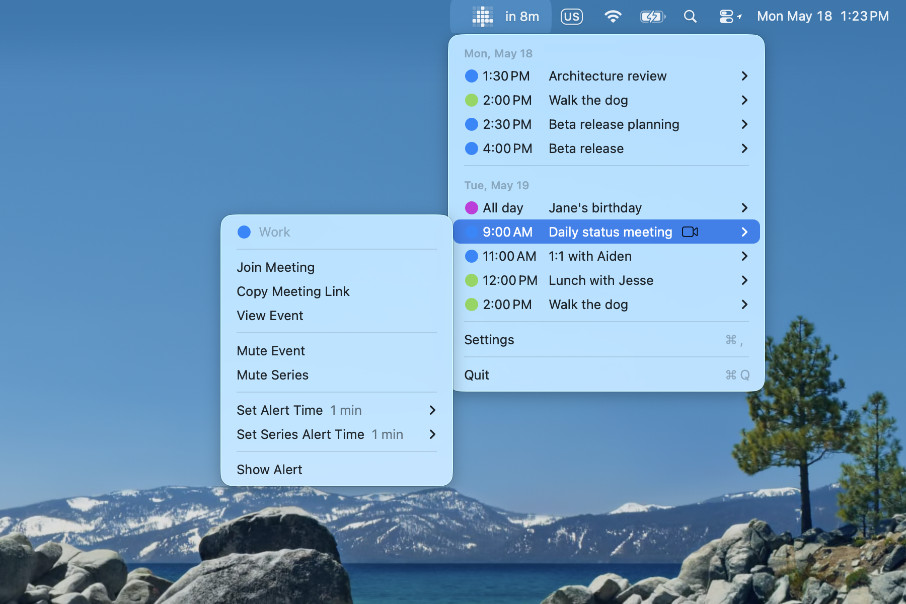 Event submenu showing "Join Meeting" and "Copy Meeting Link" options