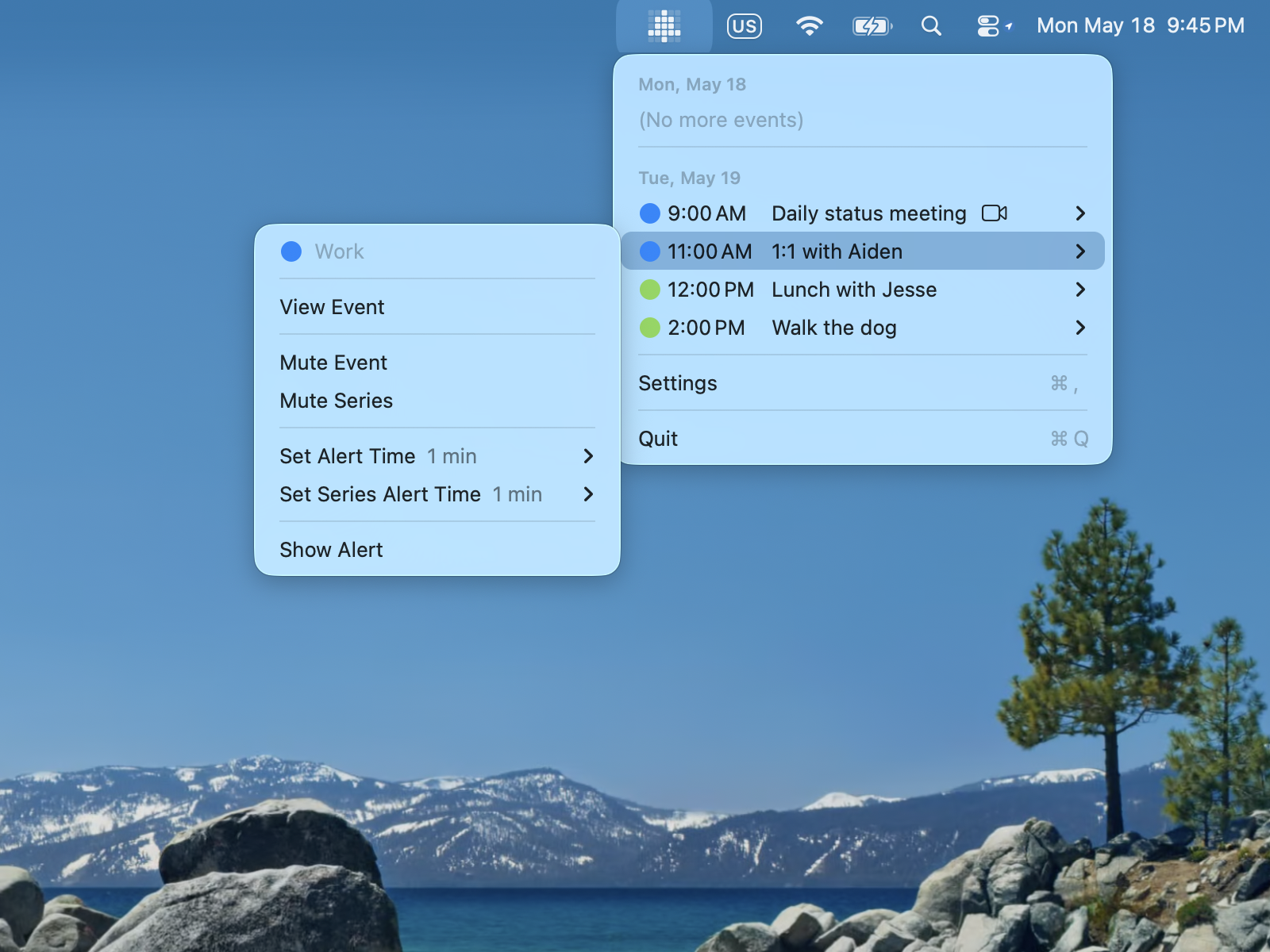 Event submenu with both "Mute Event" and "Mute Series" visible, for a recurring event