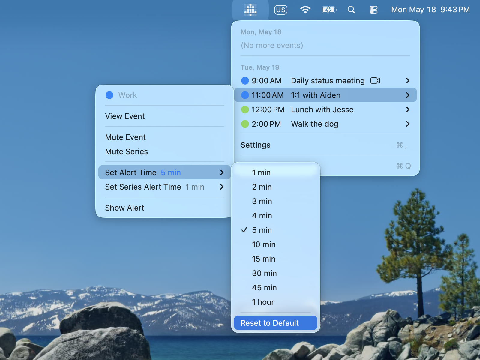 "Set Alert Time" submenu open, showing preset options with a checkmark on the current value and a "Reset to Default" option at the bottom