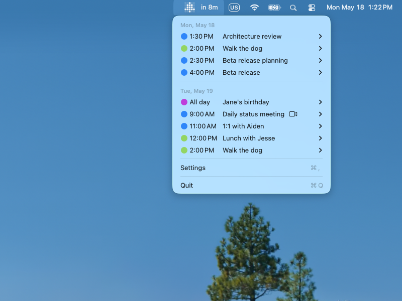 Hey Listen menu open showing upcoming events grouped under day headers