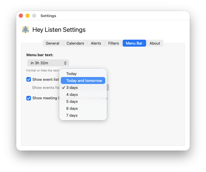 "Show events for" picker in the Menu tab with the dropdown open
