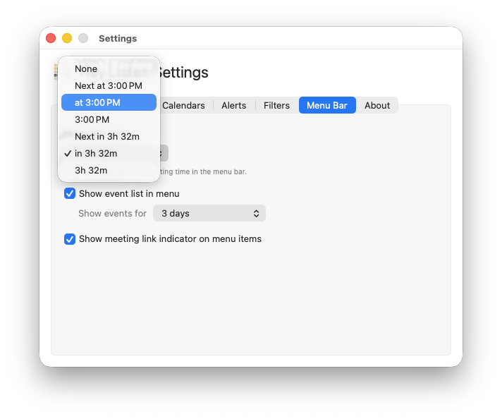 Menu tab showing the "Menu bar text" picker with dropdown open