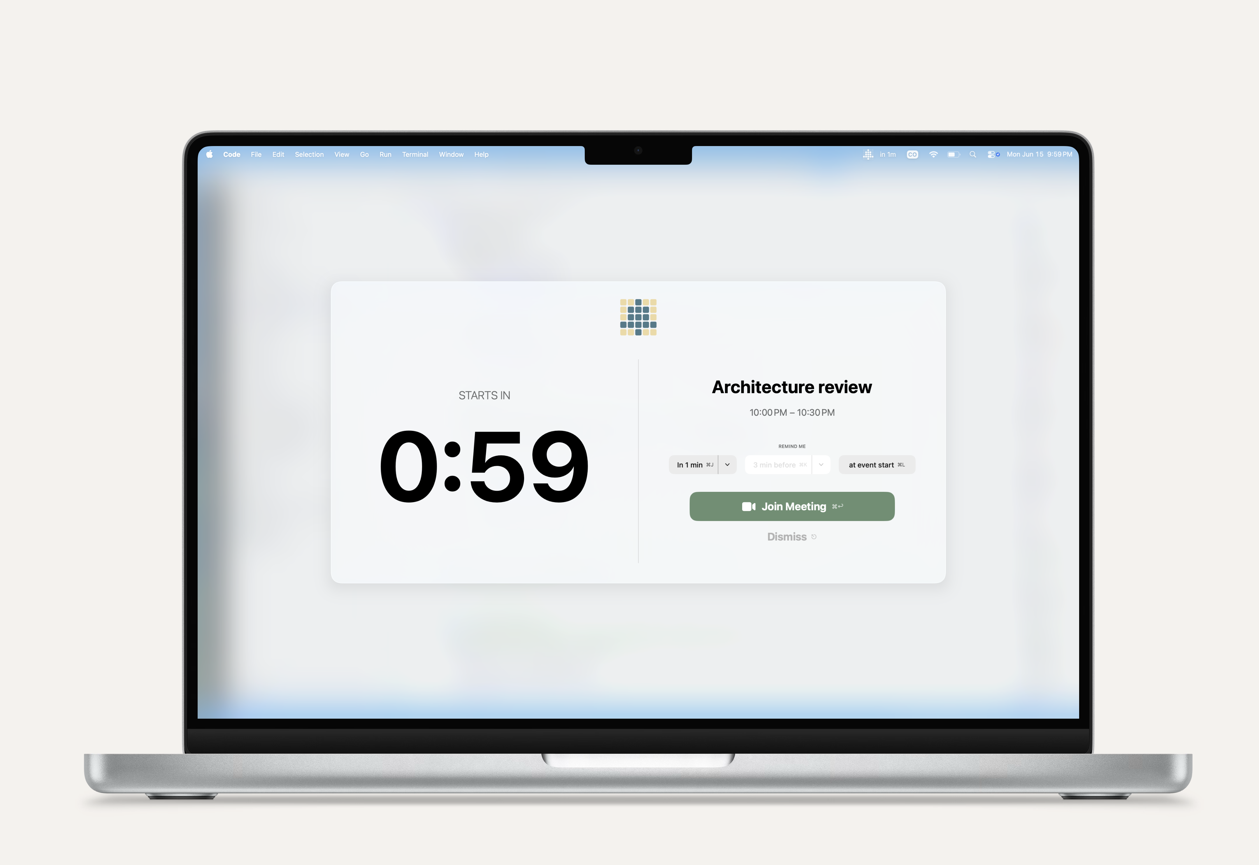 Hey Listen alert showing an upcoming meeting with a Join Meeting button